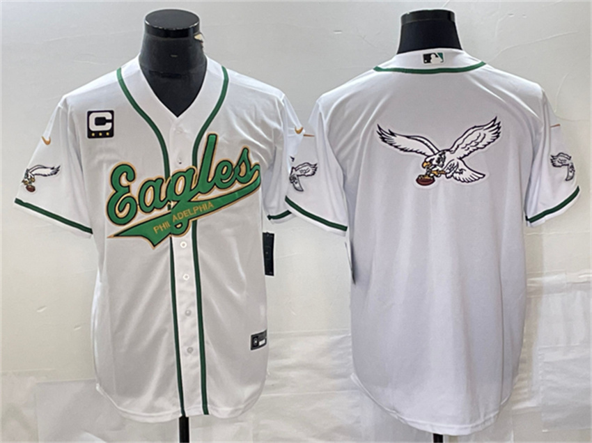 Men's White Gold Philadelphia Eagles Team Big Logo With C Patch Cool Base Stitched Baseball Jersey